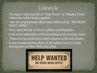 LifestyleAll major cities had their "Irish Town" or "Shanty Town" where the Irish clung together. Ads for employment often were followed by "NO IRISH NEED APPLY." They were forced to live in cellars and shanties.Irish were unfamiliar with plumbing and running water. These living conditions bred sickness and early death. It was estimated that 80% of all infants born to Irish immigrants in New York City died. 