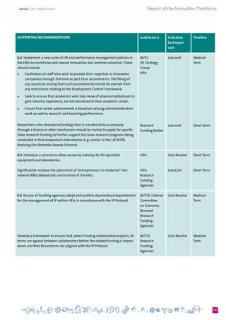 101
KEY RECOMMENDATIONS Lead Actor/s Indicative
Exchequer
cost
Timeline
6.2 Implement a new suite of HR and performance management policies in
the HEIs to incentivise and reward innovation and commercialisation.These
should include:
+	 Facilitation of staff who wish to provide their expertise to innovative
companies through full-time or part-time secondments.The filling of
any vacancies arising from such secondments should be exempt from
any restrictions relating to the Employment Control Framework;
+	 Seek to ensure that academics who take leave of absence/sabbaticals to
gain industry experience, are not penalised in their academic career;
+	 Ensure that career advancement is based on valuing commercialisation
work as well as research and teaching performance.
Researchers who develop technology that is transferred to a company
through a licence or other mechanism should be invited to apply for specific
State research funding to further support the basic research programs being
conducted in that researcher’s laboratories (e.g .similar to the UK ROPA
Realising Our Potential Awards Scheme).
M/ES
HE Strategy
Group
HEIs
Research
Funding Bodies
Low cost
Low cost
Medium
Term
Short term
6.3  Introduce a scheme to allow access by industry to HEI specialist
equipment and laboratories.
Significantly increase the placement of“entrepreneurs in residence”into
relevant R&D laboratories and centres of the HEIs.
HEIs
HEIs
Research
Funding
Agencies
Cost Neutral
Low Cost
Short Term
Short Term
6.5  Ensure all funding agencies adopt and publish standardised requirements
for the management of IP within HEIs, in accordance with the IP Protocol.
Develop a framework to ensure that, when funding collaborative projects, all
terms are agreed between collaborators before the related funding is drawn
down and that those terms are aligned with the IP Protocol.
M/ETE, Cabinet
Committee
on Economic
Renewal
Research
Funding
Agencies
M/ETE
Research
Funding
Agencies
Cost Neutral
Cost Neutral
Medium
Term
Medium
Term
Supporting RECOMMENDATIONS
 