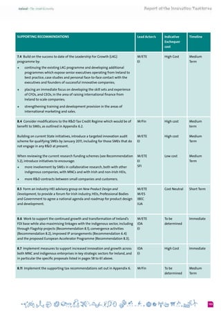 103
KEY RECOMMENDATIONS Lead Actor/s Indicative
Exchequer
cost
Timeline
7.4  Build on the success to date of the Leadership For Growth (L4G)
programme by:
+	 continuing the existing L4G programme and developing additional
programmes which expose senior executives operating from Ireland to
best practice, case studies and personal face-to-face contact with the
executives and founders of successful innovative companies;
+	 placing an immediate focus on developing the skill sets and experience
of CFOs, and CEOs, in the area of raising international finance from
Ireland to scale companies;
+	 strengthening training and development provision in the areas of
international marketing and sales.
M/ETE
EI
High Cost Medium
Term
8.4  Consider modifications to the R&D Tax Credit Regime which would be of
benefit to SMEs, as outlined in Appendix 6.2.
Building on current State initiatives, introduce a targeted innovation audit
scheme for qualifying SMEs by January 2011, including for those SMEs that do
not engage in any R&D at present.
When reviewing the current research funding schemes (see Recommendation
5.2), introduce initiatives to encourage:
+	 more involvement by SMEs in collaborative research, both with other
indigenous companies, with MNCs and with Irish and non-Irish HEIs,
+	 more R&D contracts between small companies and customers.
M/Fin
M/ETE
EI
M/ETE
EI
SFI
High cost
High cost
Low cost
Medium
term
Medium
Term
Medium
Term
8.5 Form an industry-HEI advisory group on New Product Design and
Development, to provide a forum for Irish industry, HEIs, Professional Bodies
and Government to agree a national agenda and roadmap for product design
and development.
M/ETE
M/ES
IBEC	
IUA
Cost Neutral Short Term
8.6  Work to support the continued growth and transformation of Ireland’s
FDI base while also maximising linkages with the indigenous sector, including
through Flagship projects (Recommendation 8.1), convergence activities
(Recommendation 8.2), improved IP arrangements (Recommendation 6.4)
and the proposed European Accelerator Programme (Recommendation 8.3).
M/ETE	
IDA
EI
To be
determined
Immediate
8.7 Implement measures to support increased innovation and growth across
both MNC and indigenous enterprises in key strategic sectors for Ireland, and
in particular the specific proposals listed in pages 58 to 61 above.
IDA
EI
High Cost Immediate
8.11  Implement the supporting tax recommendations set out in Appendix 6. M/Fin To be
determined
Medium
Term
Supporting RECOMMENDATIONS
 