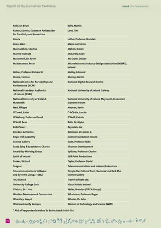 6112
Kelly, Dr. Brian Kelly, Martin
Kumar, Damini, European Ambassador 	
for Creativity and Innovation
Lane, Tim
Líonra Loftus, Professor Brendan
Lowe, Liam Macra na Feirme
Mac Suibhne, Seamus Mahon, Kieran
Marine Institute McCarthy, Sean
McDonnell, Dr. Kevin Mc Grath, Declan
McManamon, Peter Microelectronics Industry Design Association (MIDAS),
Ireland
Milner, Professor Richard G Molloy, Edmond
Moore, Cormac Murray, Martin
National Centre for Partnership and
Performance (NCPP)
National Digital Research Centre
National Standards Authority	
of Ireland (NSAI)
National University of Ireland Galway
National University of Ireland, 	
Maynooth
National University of Ireland Maynooth, Innovation
Economy Forum
Neri, Fillippo Noonan, Kevin
O'Dowd, Colm Ó hÓbáin, Lorcán
O’Mahony, Professor Donal O'Neill, Padraic
O’Neill, Sean Rath, Dr. Myles
ReEnPower Reynolds, Joe
Riordan, Catherine Robinson, Dr. James C.
Royal Irish Academy Science Foundation Ireland
Science Gallery Scott, Professor Mike
Scott, Toby & Leadbeater, Charles Shannon Development
Smart Bay Working Group Spillane, Professor Charles
Spirit of Ireland Still Point Productions
Stokes, Richard Taylor, Professor David
Teagasc Telecommunications and Internet Federation
Telecommunications Software 	
and Systems Group, (TSSG)
Temple Bar Cultural Trust, Business to Arts & The
Science Gallery
Tol, Richard Trade Facilitate Ltd.
University College Cork Visual Artists Ireland
Vladatu, Dr. Liviu Wafer, Brendan (CIRCA Group)
Western Development Commission Whatmore, Professor Roger
Wheatley, Joseph Whelan, Dr. John
Wicklow County Campus Women in Technology and Science (WITS)
* Not all respondents wished to be included in this list.
 