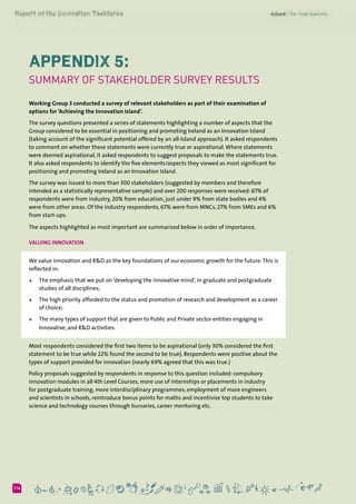6114
Appendix 5:
Summary of Stakeholder Survey Results
Working Group 3 conducted a survey of relevant stakeholders as part of their examination of
options for ‘Achieving the Innovation Island’.
The survey questions presented a series of statements highlighting a number of aspects that the
Group considered to be essential in positioning and promoting Ireland as an Innovation Island
(taking account of the significant potential offered by an all-Island approach). It asked respondents
to comment on whether these statements were currently true or aspirational.Where statements
were deemed aspirational, it asked respondents to suggest proposals to make the statements true.
It also asked respondents to identify the five elements/aspects they viewed as most significant for
positioning and promoting Ireland as an Innovation Island.
The survey was issued to more than 300 stakeholders (suggested by members and therefore
intended as a statistically representative sample) and over 200 responses were received: 67% of
respondents were from industry, 20% from education, just under 9% from state bodies and 4%
were from other areas. Of the industry respondents, 67% were from MNCs, 27% from SMEs and 6%
from start-ups.
The aspects highlighted as most important are summarised below in order of importance.
Valuing innovation
We value innovation and R&D as the key foundations of our economic growth for the future.This is
reflected in:
+	 The emphasis that we put on‘developing the innovative mind’, in graduate and postgraduate
studies of all disciplines;
+	 The high priority afforded to the status and promotion of research and development as a career
of choice;
+	 The many types of support that are given to Public and Private sector entities engaging in
Innovative, and R&D activities.
Most respondents considered the first two items to be aspirational (only 30% considered the first
statement to be true while 22% found the second to be true). Respondents were positive about the
types of support provided for innovation (nearly 69% agreed that this was true.)
Policy proposals suggested by respondents in response to this question included: compulsory
innovation modules in all 4th Level Courses, more use of internships or placements in industry
for postgraduate training, more interdisciplinary programmes, employment of more engineers
and scientists in schools, reintroduce bonus points for maths and incentivise top students to take
science and technology courses through bursaries, career mentoring etc.
 