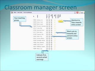 Classroom manager screen Your teaching group. Indicate first, second verbal warnings Short cuts to rewards and concern entry screen. Shortcut to class rewards entry screen 