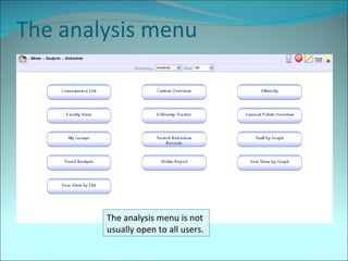 The analysis menu The analysis menu is not usually open to all users. 