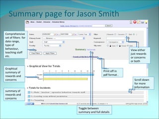 Summary page for Jason Smith View either just rewards or concerns or both Graphical summary of rewards and concerns summary of rewards and concerns Comprehensive set of filters  for date range, type of behaviour, teaching staff etc. Scroll down for more information Print off in pdf format . Toggle between summary and full details 