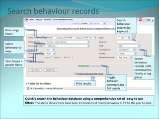 Search behaviour records Quickly search the behaviour database using a comprehensive set of  easy to use filters . The above shows there have been 11 incidents of rowdy behaviour in Y7 for the year to date. Select  behaviour to view Year, house + gender filters Date range filters Search behaviour records by keyword Search behaviour records  staff, consequence, faculty or reg group. Toggle between summary and full details Print results 