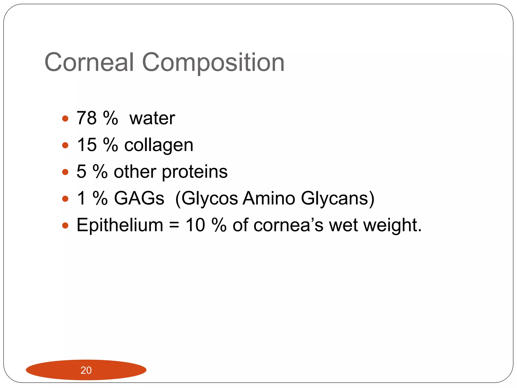 Corneal Composition
20
 78 % water
 15 % collagen
 5 % other proteins
 1 % GAGs (Glycos Amino Glycans)
 Epithelium = 10 % of cornea’s wet weight.
 