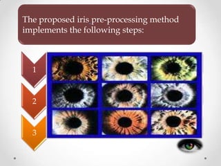 The proposed iris pre-processing method
implements the following steps:
1
• Automatic segmentation for pupil
region.
2
• Helper data extraction and pupil
detection, etc.
3
• Eyelids detection and feature
matching.
 
