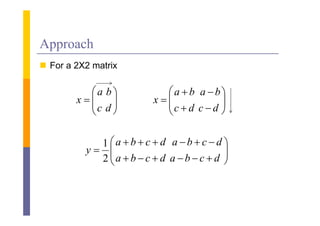 Approach
 For a 2X2 matrix

          a b            a  b a  b
        x    
          c d          x            
                           c  d c  d 
                                     


            1 a  b  c  d a b  c  d 
          y                             
            2 a  b  c  d a b  c  d 
                                         
 