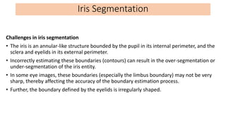 Challenges in iris segmentation
• The iris is an annular-like structure bounded by the pupil in its internal perimeter, an...