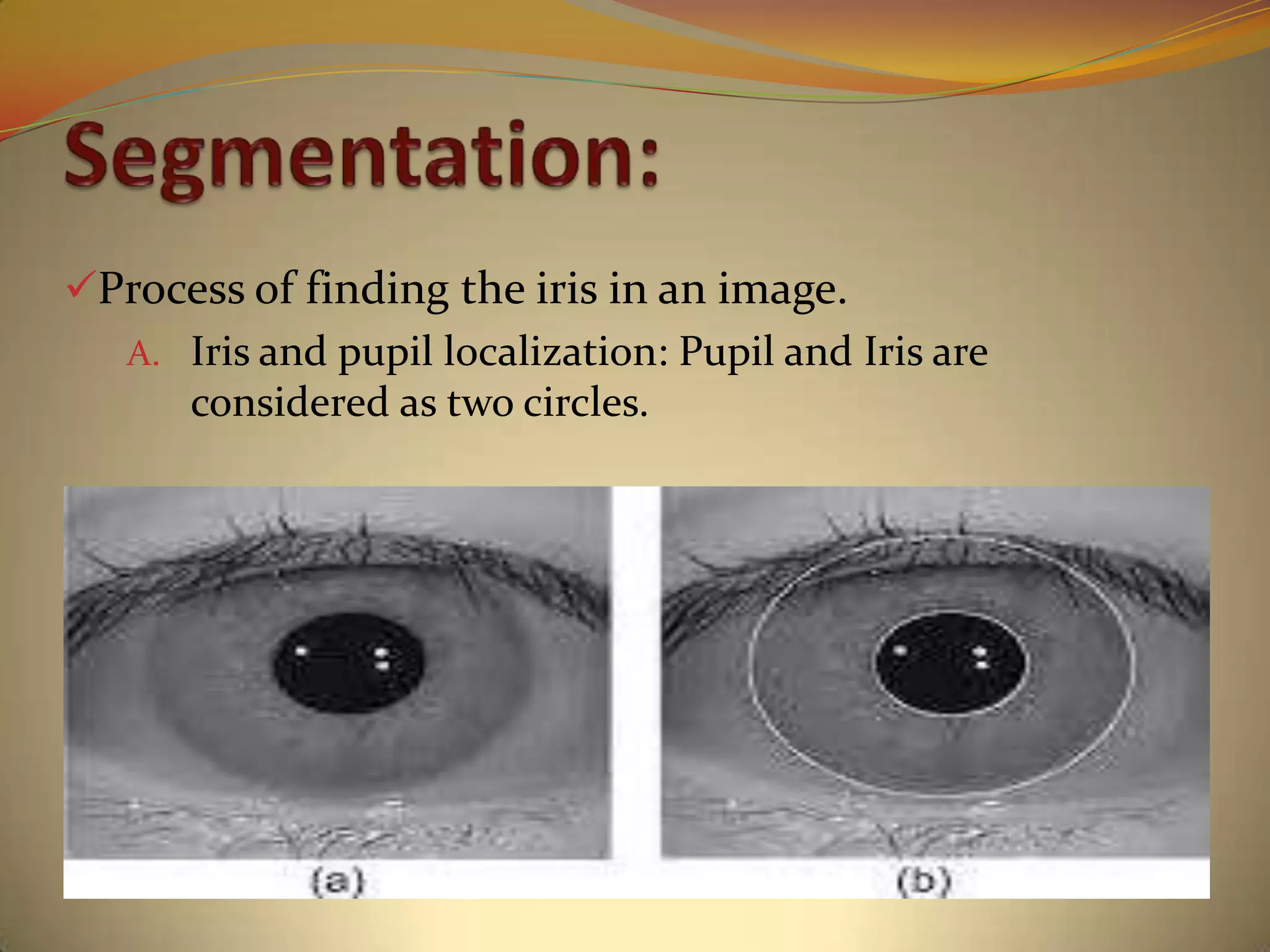 Process of finding the iris in an image.
A. Iris and pupil localization: Pupil and Iris are
considered as two circles.
 