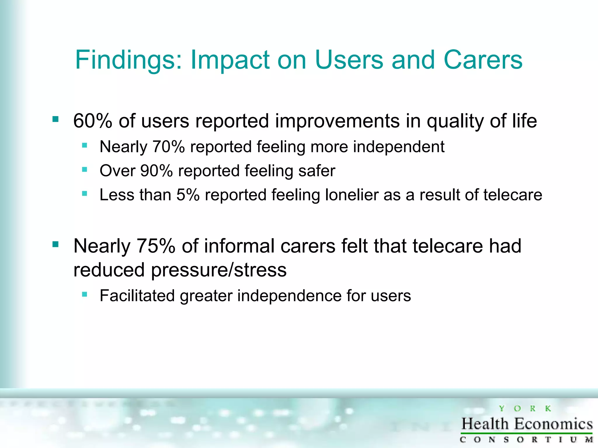 Findings: Impact on Users and Carers 60% of users reported improvements in quality of life Nearly 70% reported feeling more independent Over 90% reported feeling safer Less than 5% reported feeling lonelier as a result of telecare Nearly 75% of informal carers felt that telecare had reduced pressure/stress Facilitated greater independence for users 