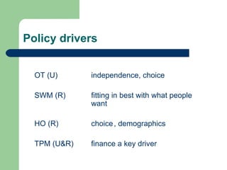 Policy drivers OT (U)  independence, choice SWM (R)  fitting in best with what people  want HO (R) choice , demographics TPM (U&R) finance a key driver 