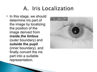 • In this stage, we should
determine iris part of
the image by localizing
the position of the
image derived from
inside the limbus
(outer boundary) and
outside the pupil
(inner boundary), and
finally convert the iris
part into a suitable
representation.

 