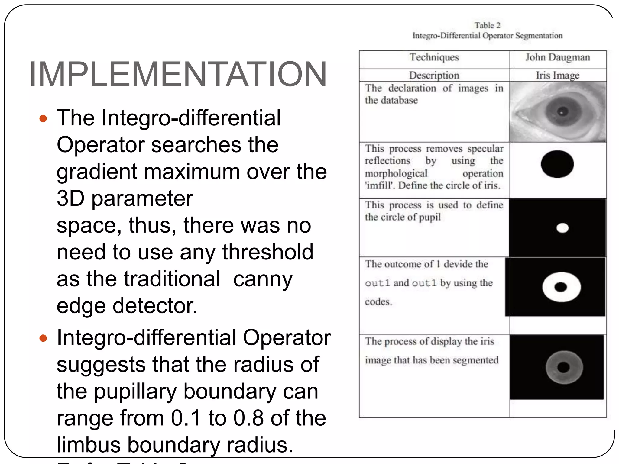 IMPLEMENTATION  The Integro-differential Operator searches the gradient maximum over the 3D parameter space, thus, there was no need to use any threshold as the traditional canny edge detector.  Integro-differential Operator suggests that the radius of the pupillary boundary can range from 0.1 to 0.8 of the limbus boundary radius. 