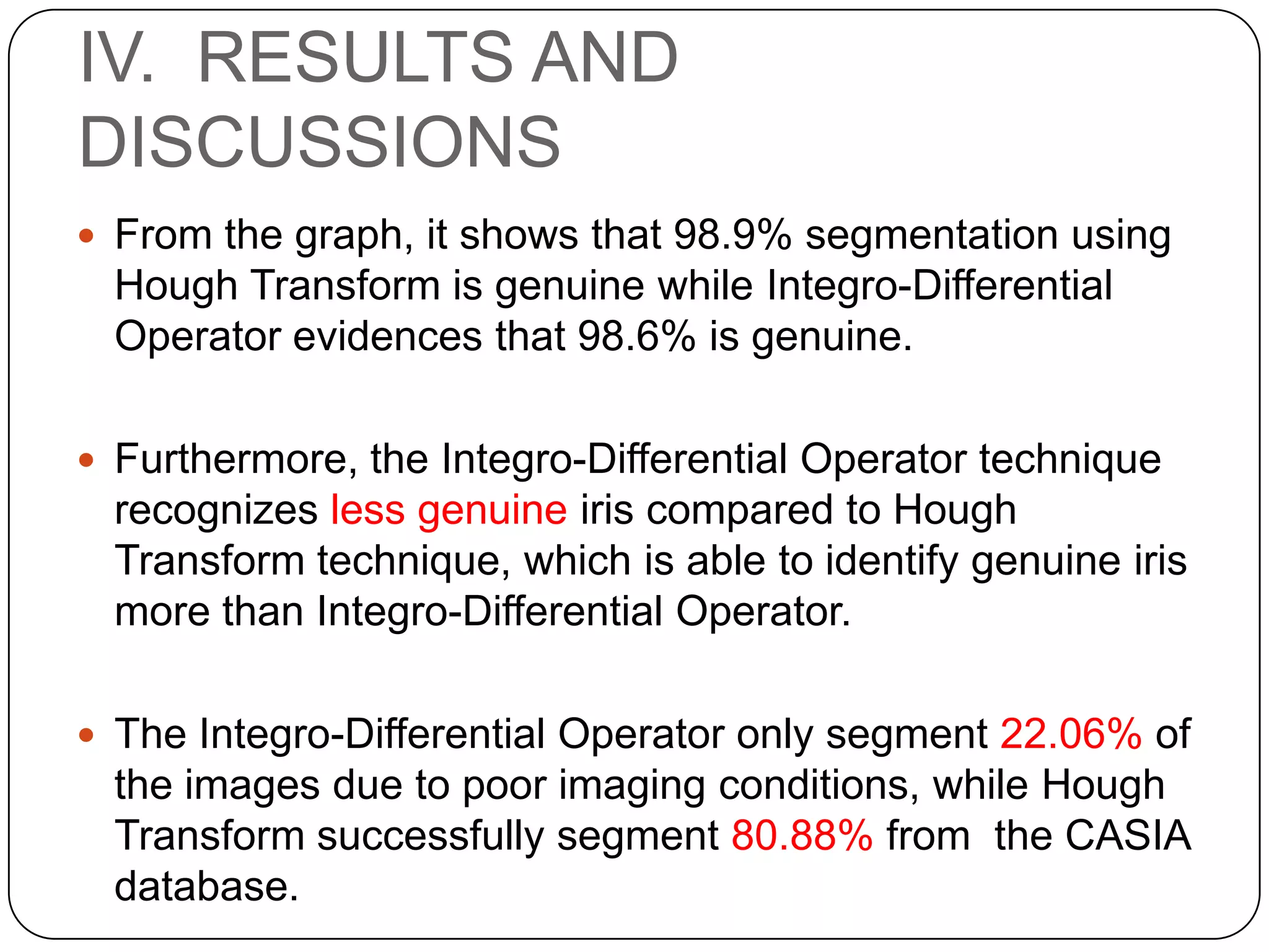 IV. RESULTS AND DISCUSSIONS  From the graph, it shows that 98.9% segmentation using Hough Transform is genuine while Integro-Differential Operator evidences that 98.6% is genuine.  Furthermore, the Integro-Differential Operator technique recognizes less genuine iris compared to Hough Transform technique, which is able to identify genuine iris more than Integro-Differential Operator.  The Integro-Differential Operator only segment 22.06% of the images due to poor imaging conditions, while Hough Transform successfully segment 80.88% from the CASIA database. 