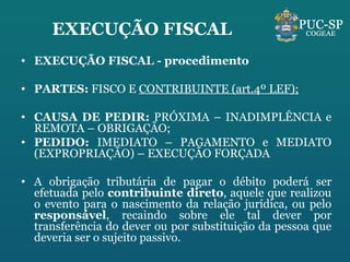 EXECUÇÃO FISCAL EXECUÇÃO FISCAL - procedimento PARTES:  FISCO E  CONTRIBUINTE (art.4º LEF); CAUSA DE PEDIR:  PRÓXIMA – INADIMPLÊNCIA e REMOTA – OBRIGAÇÃO; PEDIDO:  IMEDIATO – PAGAMENTO e MEDIATO (EXPROPRIAÇÃO) – EXECUÇÃO FORÇADA A obrigação tributária de pagar o débito poderá ser efetuada pelo  contribuinte direto , aquele que realizou o evento para o nascimento da relação jurídica, ou pelo  responsável , recaindo sobre ele tal dever por transferência do dever ou por substituição da pessoa que deveria ser o sujeito passivo. 