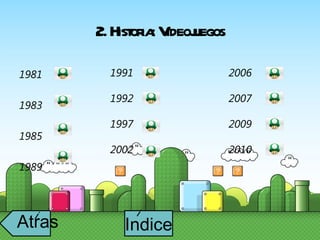 1981 1983 1985 1989 2. Historia: Videojuegos 2006 2007 2009 2010 1991 1992 1997 2002 Indice i Atras i 