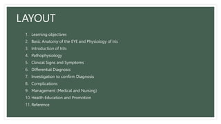 LAYOUT
1. Learning objectives
2. Basic Anatomy of the EYE and Physiology of Iris
3. Introduction of Irits
4. Pathophysiology
5. Clinical Signs and Symptoms
6. Differential Diagnosis
7. Investigation to confirm Diagnosis
8. Complications
9. Management (Medical and Nursing)
10. Health Education and Promotion
11. Reference
 
