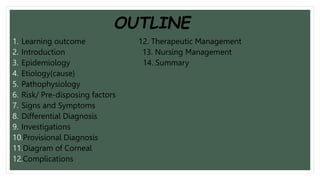OUTLINE
1. Learning outcome 12. Therapeutic Management
2. Introduction 13. Nursing Management
3. Epidemiology 14. Summary
4. Etiology(cause)
5. Pathophysiology
6. Risk/ Pre-disposing factors
7. Signs and Symptoms
8. Differential Diagnosis
9. Investigations
10.Provisional Diagnosis
11.Diagram of Corneal
12.Complications
 
