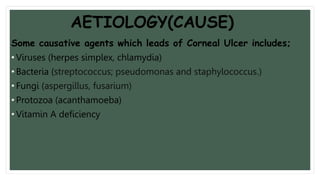 AETIOLOGY(CAUSE)
Some causative agents which leads of Corneal Ulcer includes;
• Viruses (herpes simplex, chlamydia)
• Bacteria (streptococcus; pseudomonas and staphylococcus.)
• Fungi (aspergillus, fusarium)
• Protozoa (acanthamoeba)
• Vitamin A deficiency
 