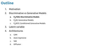 Outline
1. Motivation
2. Discriminative vs Generative Models
a. Pθ
(Y|X): Discriminative Models
b. Pθ
(X): Generative Models
c. Pθ
(X|Y): Conditioned Generative Models
3. Latent variable
4. Architectures
a. GAN
b. Auto-regressive
c. VAE
d. Diﬀusion
 