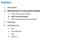 Outline
1. Motivation
2. Discriminative vs Generative Models
a. P(Y|X): Discriminative Models
b. P(X): Generative Models
c. P(X|Y): Conditioned Generative Models
3. Sampling
4. Architectures
a. GAN
b. Auto-regressive
c. VAE
d. Diﬀusion
 