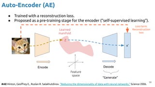 Encode Decode
“Generate”
58
Auto-Encoder (AE)
z
Feature
space
● Trained with a reconstruction loss.
● Proposed as a pre-training stage for the encoder (“self-supervised learning”).
#AE Hinton, Geoﬀrey E., Ruslan R. Salakhutdinov. "Reducing the dimensionality of data with neural networks." Science 2006.
x’
Learned
manifold
Loss term:
Reconstruction
loss
 