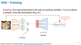 67
VAE - Training
Kingma, Diederik P., and Max Welling. "Auto-encoding variational bayes." ICLR 2014.
Sampling: The reparametrization trick uses an auxiliary variable ε~N(0,I) to obtain
a sample z from the distribution N( μ, σI ).
ε~N(0,I)
Decode
Loss term #2:
Reconstruction
loss
z
 
