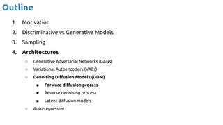 Outline
1. Motivation
2. Discriminative vs Generative Models
3. Sampling
4. Architectures
○ Generative Adversarial Networks (GANs)
○ Variational Autoencoders (VAEs)
○ Denoising Diﬀusion Models (DDM)
■ Forward diﬀusion process
■ Reverse denoising process
■ Latent diﬀusion models
○ Auto-regressive
 