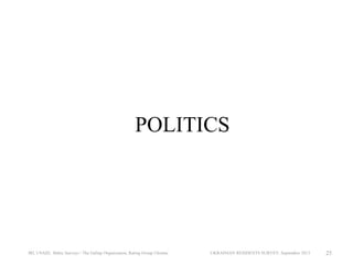 POLITICS

IRI, USAID, Baltic Surveys / The Gallup Organization, Rating Group Ukraine

UKRAINIAN RESIDENTS SURVEY, September 2013

25

 