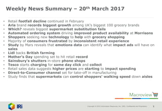 Copyright © 2015 Information Resources, Inc. (IRI). Confidential and Proprietary. 2
• Retail footfall decline continued in February
• Arla brand records biggest growth among UK’s biggest 100 grocery brands
• Which? reveals biggest supermarket substitution fails
• Automated ordering system driving improved product availability at Morrisons
• Shoppers seeking new technology to help with grocery shopping
• Majority of consumers frustrated by inconsistent retail experience
• Study by Mars reveals that emotions data can identify what impact ads will have on
sales
• Lidl backs British farming
• Mother’s Day spending set to hit retail record
• Sainsbury's shutters in-store phone shops
• Tesco starts charging for same day click and collect
• Retail sales data suggests higher prices are starting to impact spending
• Direct-to-Consumer channel set for take-off in manufacturing
• Study finds that supermarkets can control shoppers' walking speed down aisles
Weekly News Summary – 20th March 2017
 