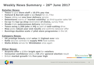 Copyright © 2017 Information Resources, Inc. (IRI). Confidential and Proprietary. 2
Retailer News:
• Tesco to give store staff a 10.5% pay rise
• Holland & Barrett sold to L1 Retail for £1.77bn
• Tesco rolling out one hour delivery service
• Debenhams warns of 'market volatility' as third-quarter sales fall
• Co-op the top-up shop destination of choice, survey finds
• Ocado trials autonomous delivery technology
• Tesco axing 1,200 jobs at HQ as part of cost-cutting drive
• Nisa posts robust year end results and confirms takeover offer
• Bunnings doubles scale of pilot store programme in the UK
Category News:
• UK prestige beauty retail sales hit highest ever rate
• Kallø secures contract to supply NHS food outlets
• Stella Artois serves for Wimbledon once again
Other News:
• Airports offer a $38bn bright spot for retailers
• Consumer confidence takes a hit after general election result
• British market growth hits five-year high
Weekly News Summary – 26th June 2017
 
