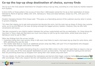 Copyright © 2017 Information Resources, Inc. (IRI). Confidential and Proprietary. 8
Co-op the top-up shop destination of choice, survey finds
The Co-op is the most popular destination for shoppers doing a top-up shop, according to a new study by market research
firm Clusters.
A third (33%) of those polled in the survey of more than 1,000 people named the Co-op as their destination of choice,
followed by Marks & Spencer (M&S) with 32%. Sainsbury’s, Tesco and Asda followed, chosen by 27%, 22% and 21%
respectively.
Clusters managing director Chris Cowan said: “This gives us a fascinating picture of the customer journey when it comes
to grocery shopping.
“It’s clear that nipping out to get extra groceries has become the norm, but the main top-up shops of choice may surprise
some, as Co-op and M&S are not seen as being amongst the biggest grocery retailers. However, they do offer both
convenience and luxury.
“We also uncovered a very distinct pattern between the primary supermarket and top-up destination. So, those doing the
‘big shop’ in Tesco, Asda and Morrisons are much more likely to visit Co-op for extra items, whilst those who shop in
Sainsbury’s tend to opt for M&S.”
Other key findings from the survey include:
• Customers doing their main grocery shop in Aldi were most likely to need a mid-week top-up shop for extra items, with
84% admitting this was the case
• The retailer least likely to require an additional grocery shop was M&S, with just 71% of respondents who shopped
there saying they bought extra items mid-week
Cowan continued: “The really interesting thing for a brand like M&S is that it is the retailer least likely to require a top-up
shop, yet is also one of the most popular destinations to pick up extra items. The team should be looking at the barriers
that are preventing those top-up shoppers from doing their main weekly shop with them.
“For any retailer, it’s vital they understand the motivations and barriers that trigger customer behaviours and target their
offer accordingly. That’s why research like this will hopefully prove incredibly useful to them.”
Source: Talking Retail 27th June 2017
 