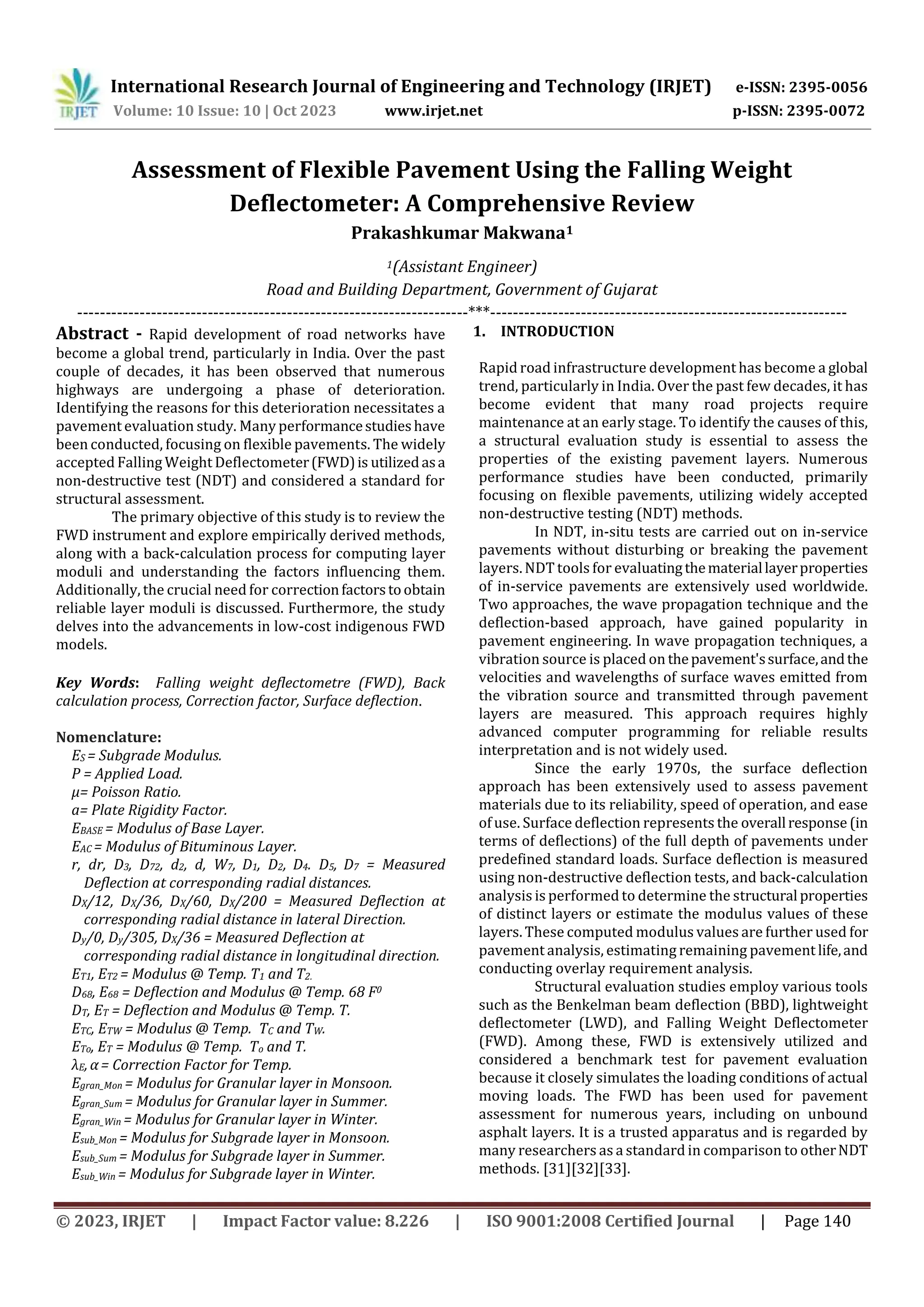 Assessment of Flexible Pavement Using the Falling Weight Deflectometer ...