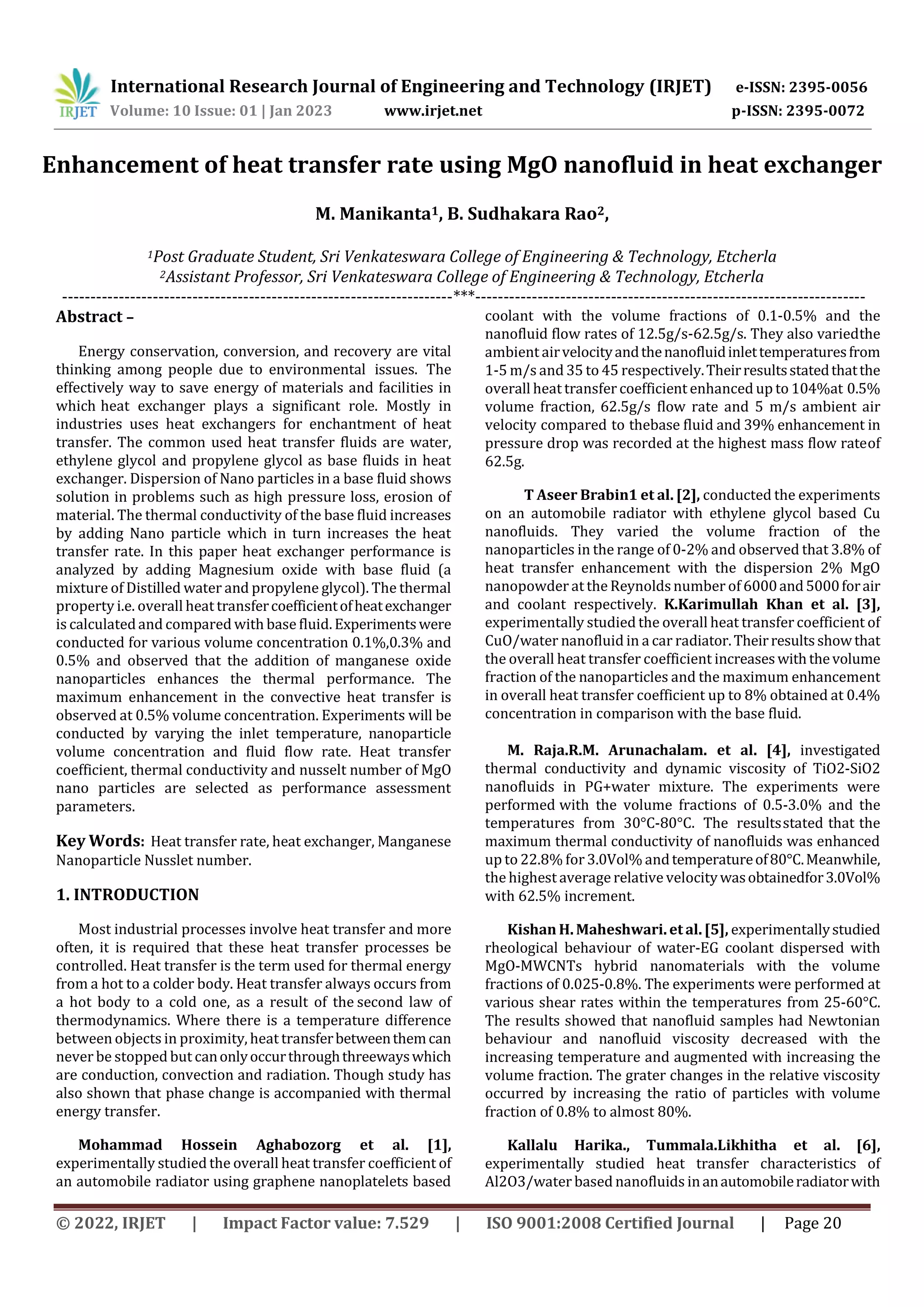 Enhancement of heat transfer rate using MgO nanofluid in heat exchanger ...