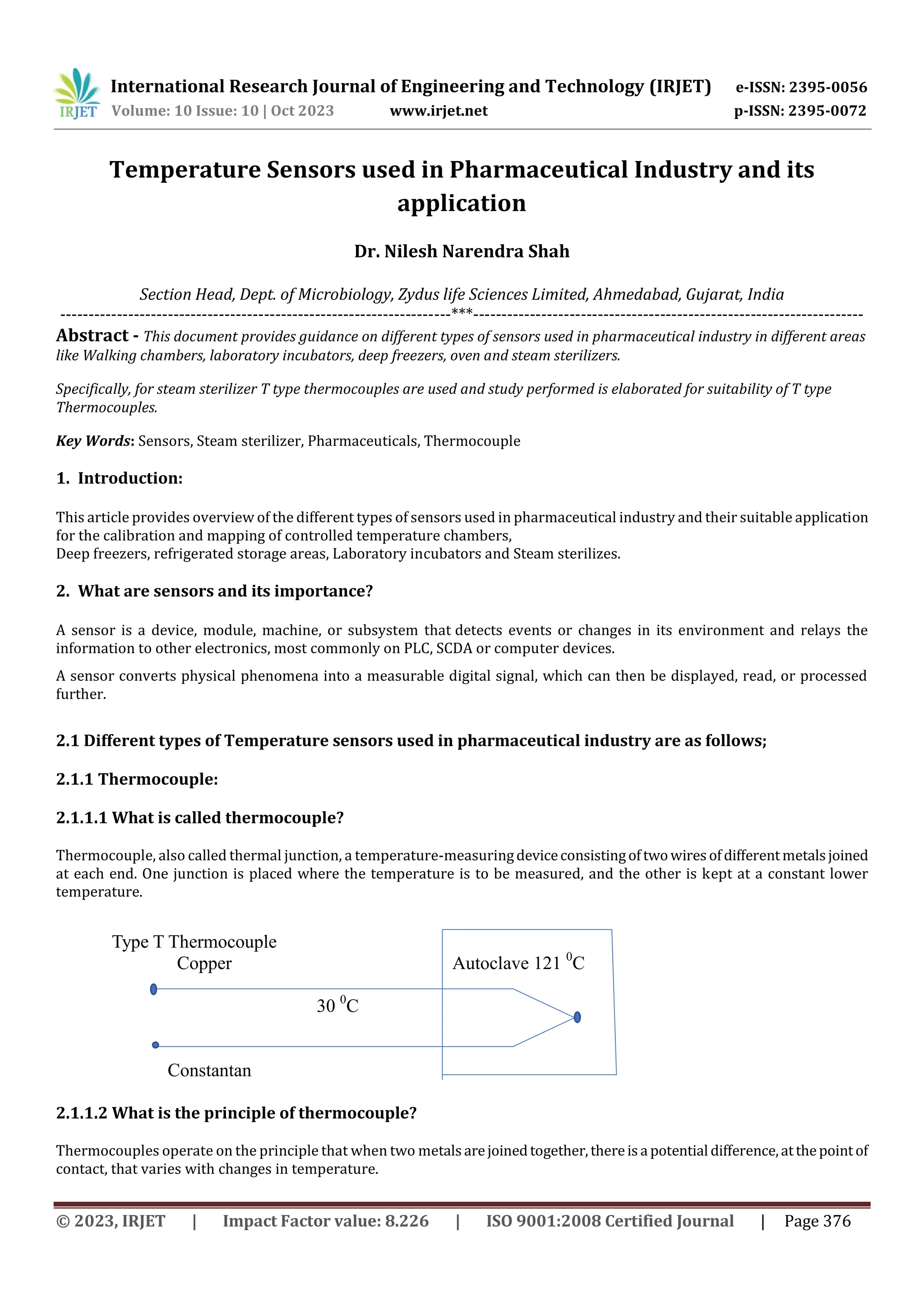 Temperature Sensors used in Pharmaceutical Industry and its application