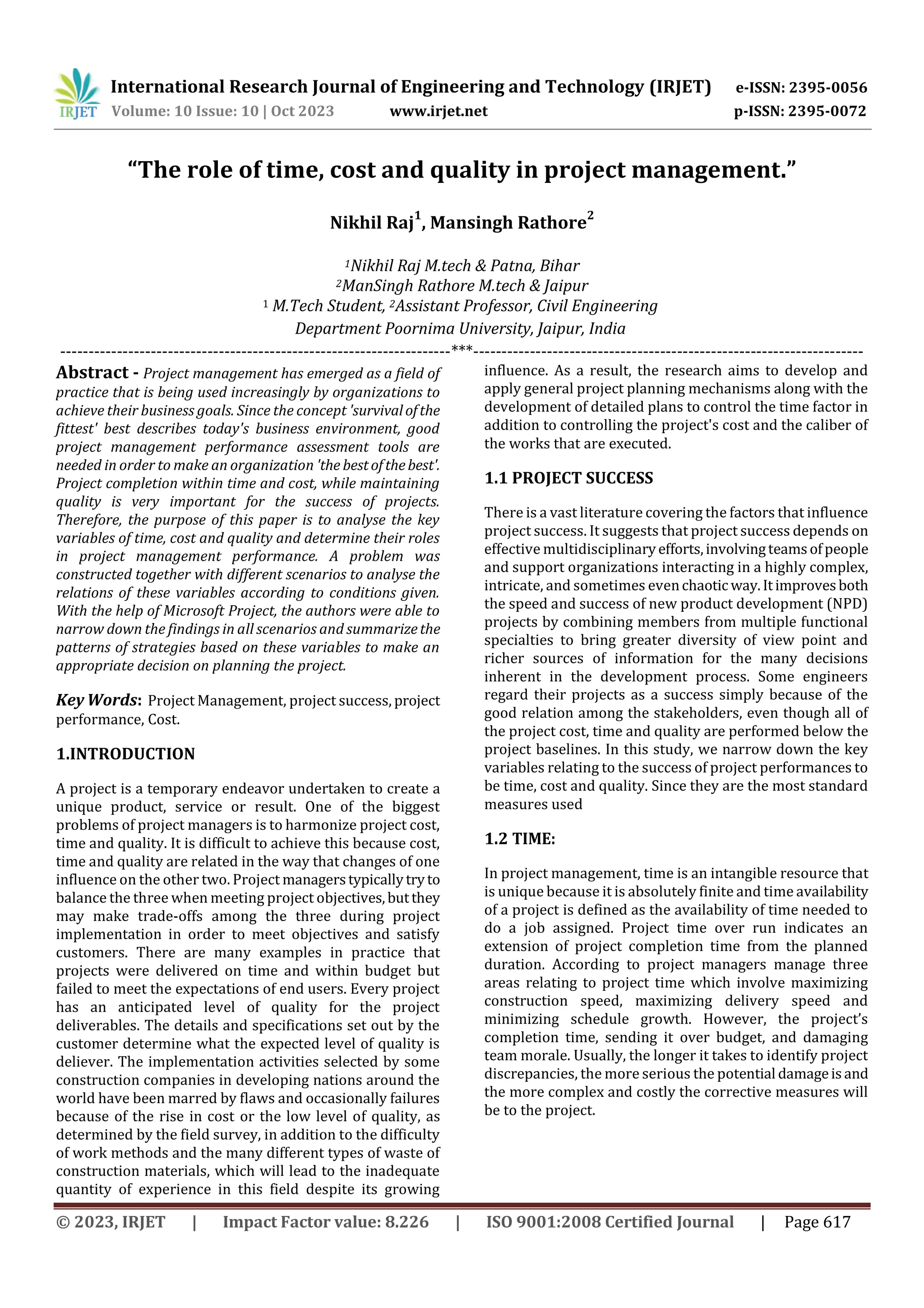 The role of time, cost and quality in project management PDF