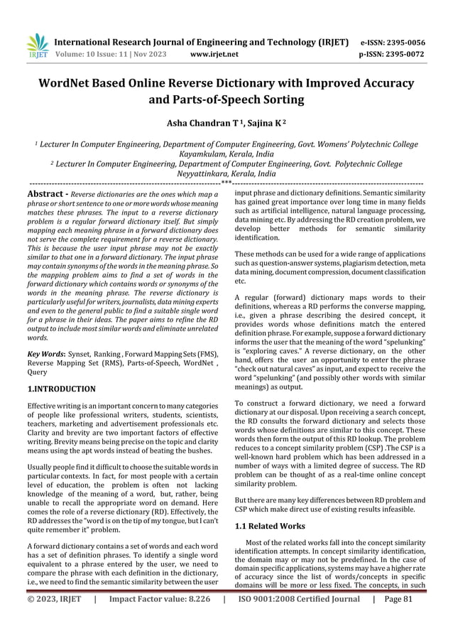 Wordnet based online reverse dictionary with improved accuracy and