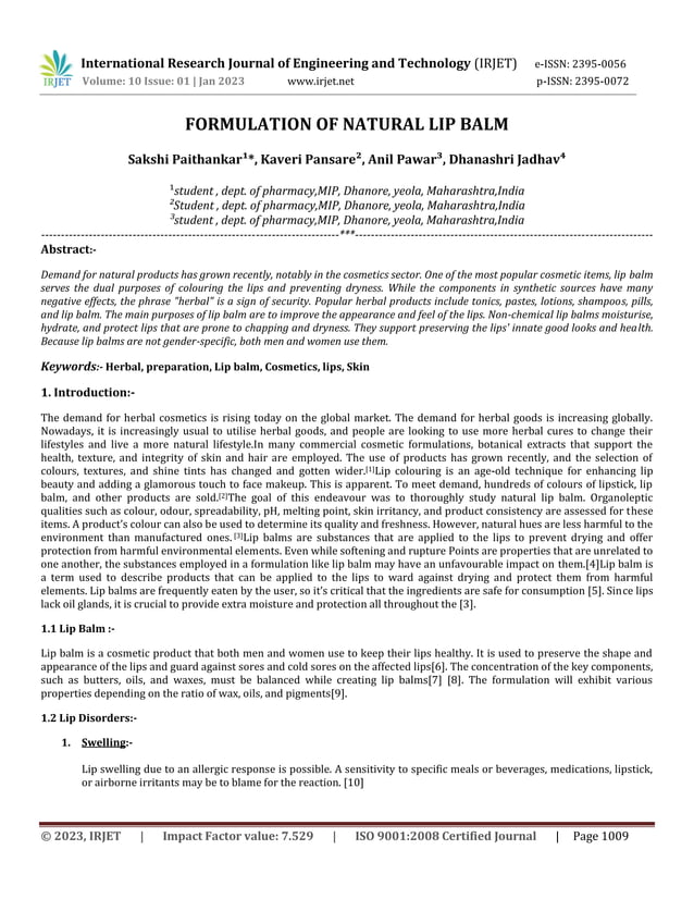 FORMULATION OF NATURAL LIP BALM | PDF