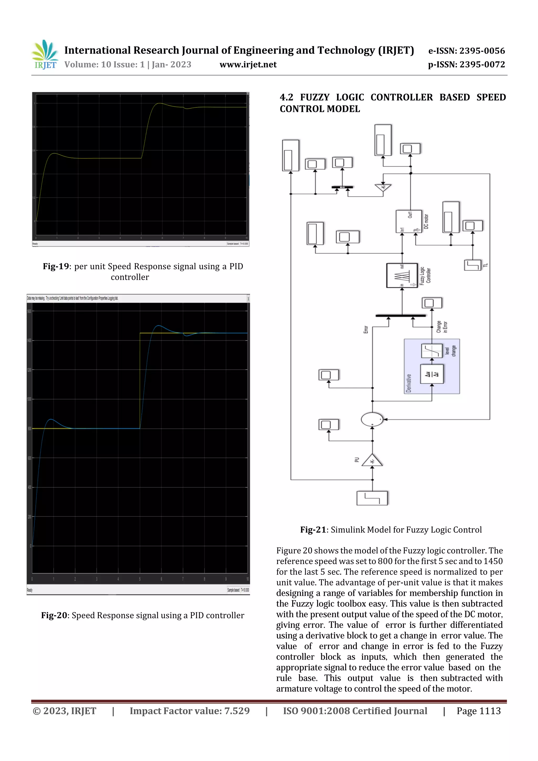International Research Journal of Engineering and Technology (IRJET) e-ISSN: 2395-0056
Volume: 10 Issue: 1 | Jan- 2023 www.irjet.net p-ISSN: 2395-0072
© 2023, IRJET | Impact Factor value: 7.529 | ISO 9001:2008 Certified Journal | Page 1113
Fig-19: per unit Speed Response signal using a PID
controller
Fig-20: Speed Response signal using a PID controller
4.2 FUZZY LOGIC CONTROLLER BASED SPEED
CONTROL MODEL
Fig-21: Simulink Model for Fuzzy Logic Control
Figure 20 shows the model of the Fuzzy logic controller. The
reference speed was set to 800 for the first 5 sec andto1450
for the last 5 sec. The reference speed is normalized to per
unit value. The advantage of per-unit value is that it makes
designing a range of variables for membership function in
the Fuzzy logic toolbox easy. This value is then subtracted
with the present output value of the speed of the DC motor,
giving error. The value of error is further differentiated
using a derivative block to get a change in error value. The
value of error and change in error is fed to the Fuzzy
controller block as inputs, which then generated the
appropriate signal to reduce the error value based on the
rule base. This output value is then subtracted with
armature voltage to control the speed of the motor.
 