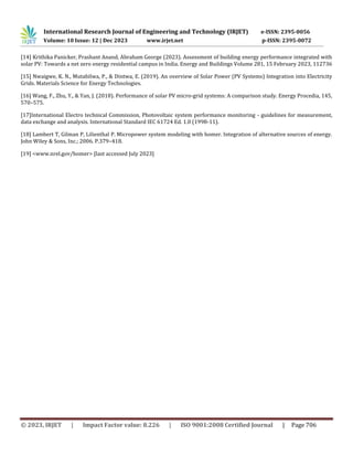 International Research Journal of Engineering and Technology (IRJET) e-ISSN: 2395-0056
Volume: 10 Issue: 12 | Dec 2023 www.irjet.net p-ISSN: 2395-0072
© 2023, IRJET | Impact Factor value: 8.226 | ISO 9001:2008 Certified Journal | Page 706
[14] Krithika Panicker, Prashant Anand, Abraham George (2023). Assessment of building energy performance integrated with
solar PV: Towards a net zero energy residential campus in India. Energy and Buildings Volume 281, 15 February 2023, 112736
[15] Nwaigwe, K. N., Mutabilwa, P., & Dintwa, E. (2019). An overview of Solar Power (PV Systems) Integration into Electricity
Grids. Materials Science for Energy Technologies.
[16] Wang, F., Zhu, Y., & Yan, J. (2018). Performance of solar PV micro-grid systems: A comparison study. Energy Procedia, 145,
570–575.
[17]International Electro technical Commission, Photovoltaic system performance monitoring - guidelines for measurement,
data exchange and analysis. International Standard IEC 61724 Ed. 1.0 (1998-11).
[18] Lambert T, Gilman P, Lilienthal P. Micropower system modeling with homer. Integration of alternative sources of energy.
John Wiley & Sons, Inc.; 2006. P.379–418.
[19] <www.nrel.gov/homer> [last accessed July 2023]
 