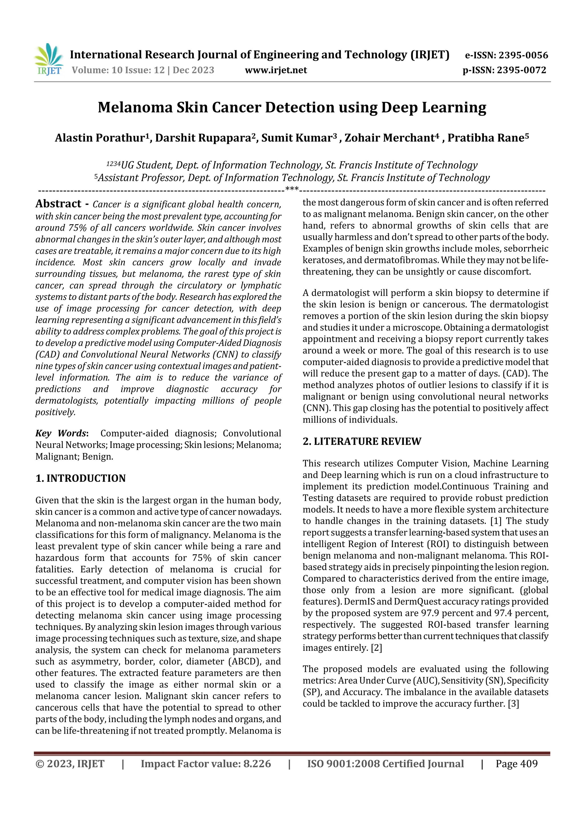 Melanoma Skin Cancer Detection using Deep Learning | PDF