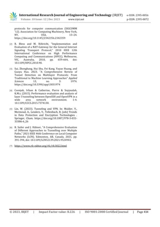 International Research Journal of Engineering and Technology (IRJET) e-ISSN: 2395-0056
Volume: 10 Issue: 12 | Dec 2023 www.irjet.net p-ISSN: 2395-0072
© 2023, IRJET | Impact Factor value: 8.226 | ISO 9001:2008 Certified Journal | Page 434
protocols for computer communication (SIGCOMM
'12). Association for Computing Machinery, New York,
NY, USA, 13–24.
https://doi.org/10.1145/2342356.2342359
[2] R. Bless and M. Röhricht, "Implementation and
Evaluation of a NAT-Gateway for the General Internet
Signaling Transport Protocol," 2010 IEEE 12th
International Conference on High Performance
Computing and Communications (HPCC), Melbourne,
VIC, Australia, 2010, pp. 659-664, doi:
10.1109/HPCC.2010.90.
[3] Sui, Zhonghang, Hui Shu, Fei Kang, Yuyao Huang, and
Guoyu Huo. 2023. "A Comprehensive Review of
Tunnel Detection on Multilayer Protocols: From
Traditional to Machine Learning Approaches" Applied
Sciences 13, no. 3: 1974.
https://doi.org/10.3390/app13031974
[4] Coonjah, Irfaan & Catherine, Pierre & Soyjaudah,
K.M.s. (2015). Performance evaluation and analysis of
layer 3 tunneling between OpenSSH and OpenVPN in a
wide area network environment. 1-4.
10.1109/CCCS.2015.7374130.
[5] Lin, W. (2023). Tunneling and VPN. In: Mulder, V.,
Mermoud, A., Lenders, V., Tellenbach, B. (eds) Trends
in Data Protection and Encryption Technologies .
Springer, Cham. https://doi.org/10.1007/978-3-031-
33386-6_26
[6] R. Sailer and J. Hähner, "A Comprehensive Evaluation
of Different Approaches to Tunnelling over Multiple
Paths," 2021 IEEE 46th Conference on Local Computer
Networks (LCN), Edmonton, AB, Canada, 2021, pp.
391-394, doi: 10.1109/LCN52139.2021.9524943.
[7] https://www.rfc-editor.org/rfc/rfc3022.html
 