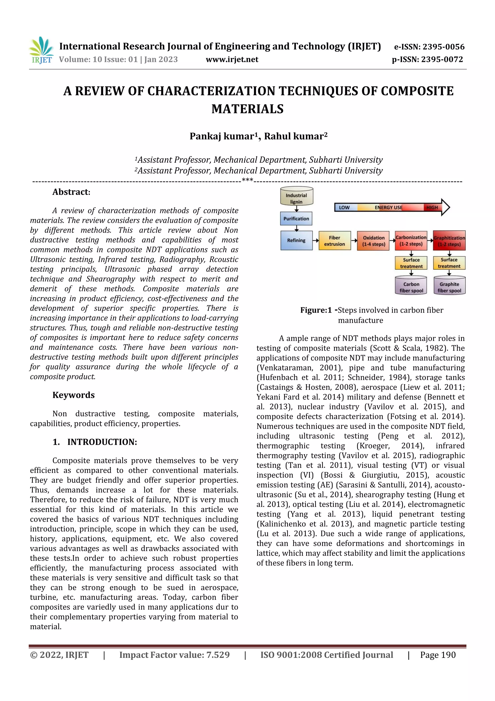 International Research Journal of Engineering and Technology (IRJET) e-ISSN: 2395-0056
Volume: 10 Issue: 01 | Jan 2023 www.irjet.net p-ISSN: 2395-0072
© 2022, IRJET | Impact Factor value: 7.529 | ISO 9001:2008 Certified Journal | Page 190
A REVIEW OF CHARACTERIZATION TECHNIQUES OF COMPOSITE
MATERIALS
Pankaj kumar1, Rahul kumar2
1Assistant Professor, Mechanical Department, Subharti University
2Assistant Professor, Mechanical Department, Subharti University
---------------------------------------------------------------------***---------------------------------------------------------------------
Abstract:
A review of characterization methods of composite
materials. The review considers the evaluation of composite
by different methods. This article review about Non
dustractive testing methods and capabilities of most
common methods in composite NDT applications such as
Ultrasonic testing, Infrared testing, Radiography, Rcoustic
testing principals, Ultrasonic phased array detection
technique and Shearography with respect to merit and
demerit of these methods. Composite materials are
increasing in product efficiency, cost-effectiveness and the
development of superior specific properties. There is
increasing importance in their applications to load-carrying
structures. Thus, tough and reliable non-destructive testing
of composites is important here to reduce safety concerns
and maintenance costs. There have been various non-
destructive testing methods built upon different principles
for quality assurance during the whole lifecycle of a
composite product.
Keywords
Non dustractive testing, composite materials,
capabilities, product efficiency, properties.
1. INTRODUCTION:
Composite materials prove themselves to be very
efficient as compared to other conventional materials.
They are budget friendly and offer superior properties.
Thus, demands increase a lot for these materials.
Therefore, to reduce the risk of failure, NDT is very much
essential for this kind of materials. In this article we
covered the basics of various NDT techniques including
introduction, principle, scope in which they can be used,
history, applications, equipment, etc. We also covered
various advantages as well as drawbacks associated with
these tests.In order to achieve such robust properties
efficiently, the manufacturing process associated with
these materials is very sensitive and difficult task so that
they can be strong enough to be sued in aerospace,
turbine, etc. manufacturing areas. Today, carbon fiber
composites are variedly used in many applications dur to
their complementary properties varying from material to
material.
Figure:1 -Steps involved in carbon fiber
manufacture
A ample range of NDT methods plays major roles in
testing of composite materials (Scott & Scala, 1982). The
applications of composite NDT may include manufacturing
(Venkataraman, 2001), pipe and tube manufacturing
(Hufenbach et al. 2011; Schneider, 1984), storage tanks
(Castaings & Hosten, 2008), aerospace (Liew et al. 2011;
Yekani Fard et al. 2014) military and defense (Bennett et
al. 2013), nuclear industry (Vavilov et al. 2015), and
composite defects characterization (Fotsing et al. 2014).
Numerous techniques are used in the composite NDT field,
including ultrasonic testing (Peng et al. 2012),
thermographic testing (Kroeger, 2014), infrared
thermography testing (Vavilov et al. 2015), radiographic
testing (Tan et al. 2011), visual testing (VT) or visual
inspection (VI) (Bossi & Giurgiutiu, 2015), acoustic
emission testing (AE) (Sarasini & Santulli, 2014), acousto-
ultrasonic (Su et al., 2014), shearography testing (Hung et
al. 2013), optical testing (Liu et al. 2014), electromagnetic
testing (Yang et al. 2013), liquid penetrant testing
(Kalinichenko et al. 2013), and magnetic particle testing
(Lu et al. 2013). Due such a wide range of applications,
they can have some deformations and shortcomings in
lattice, which may affect stability and limit the applications
of these fibers in long term.
 