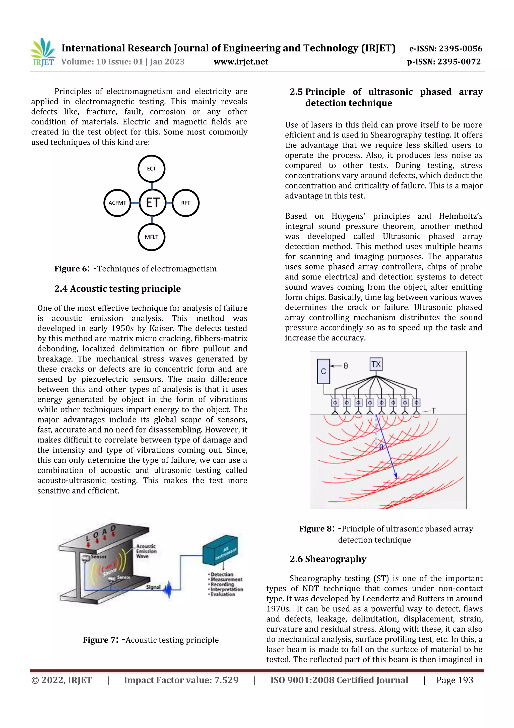 International Research Journal of Engineering and Technology (IRJET) e-ISSN: 2395-0056
Volume: 10 Issue: 01 | Jan 2023 www.irjet.net p-ISSN: 2395-0072
© 2022, IRJET | Impact Factor value: 7.529 | ISO 9001:2008 Certified Journal | Page 193
Principles of electromagnetism and electricity are
applied in electromagnetic testing. This mainly reveals
defects like, fracture, fault, corrosion or any other
condition of materials. Electric and magnetic fields are
created in the test object for this. Some most commonly
used techniques of this kind are:
Figure 6: -Techniques of electromagnetism
2.4 Acoustic testing principle
One of the most effective technique for analysis of failure
is acoustic emission analysis. This method was
developed in early 1950s by Kaiser. The defects tested
by this method are matrix micro cracking, fibbers-matrix
debonding, localized delimitation or fibre pullout and
breakage. The mechanical stress waves generated by
these cracks or defects are in concentric form and are
sensed by piezoelectric sensors. The main difference
between this and other types of analysis is that it uses
energy generated by object in the form of vibrations
while other techniques impart energy to the object. The
major advantages include its global scope of sensors,
fast, accurate and no need for disassembling. However, it
makes difficult to correlate between type of damage and
the intensity and type of vibrations coming out. Since,
this can only determine the type of failure, we can use a
combination of acoustic and ultrasonic testing called
acousto-ultrasonic testing. This makes the test more
sensitive and efficient.
Figure 7: -Acoustic testing principle
2.5 Principle of ultrasonic phased array
detection technique
Use of lasers in this field can prove itself to be more
efficient and is used in Shearography testing. It offers
the advantage that we require less skilled users to
operate the process. Also, it produces less noise as
compared to other tests. During testing, stress
concentrations vary around defects, which deduct the
concentration and criticality of failure. This is a major
advantage in this test.
Based on Huygens’ principles and Helmholtz’s
integral sound pressure theorem, another method
was developed called Ultrasonic phased array
detection method. This method uses multiple beams
for scanning and imaging purposes. The apparatus
uses some phased array controllers, chips of probe
and some electrical and detection systems to detect
sound waves coming from the object, after emitting
form chips. Basically, time lag between various waves
determines the crack or failure. Ultrasonic phased
array controlling mechanism distributes the sound
pressure accordingly so as to speed up the task and
increase the accuracy.
Figure 8: -Principle of ultrasonic phased array
detection technique
2.6 Shearography
Shearography testing (ST) is one of the important
types of NDT technique that comes under non-contact
type. It was developed by Leendertz and Butters in around
1970s. It can be used as a powerful way to detect, flaws
and defects, leakage, delimitation, displacement, strain,
curvature and residual stress. Along with these, it can also
do mechanical analysis, surface profiling test, etc. In this, a
laser beam is made to fall on the surface of material to be
tested. The reflected part of this beam is then imagined in
ET
ECT
RFT
MFLT
ACFMT
 
