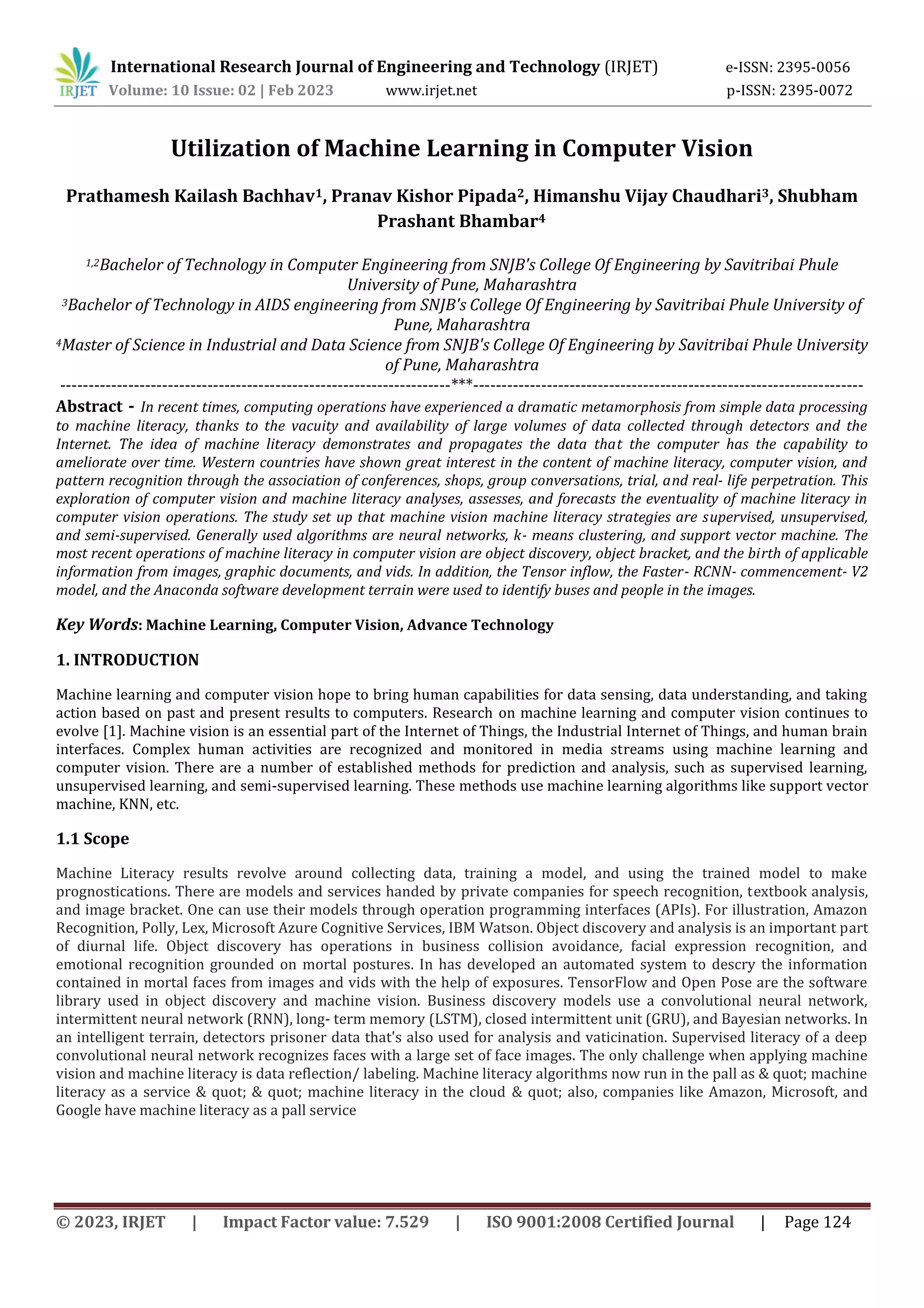 Utilization of Machine Learning in Computer Vision | PDF