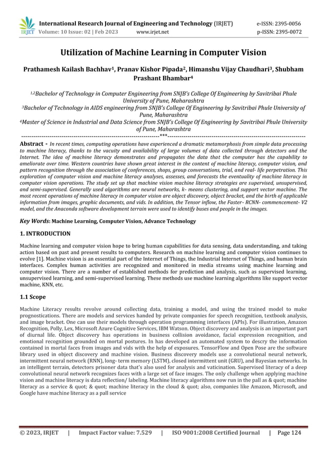 Utilization of Machine Learning in Computer Vision | PDF