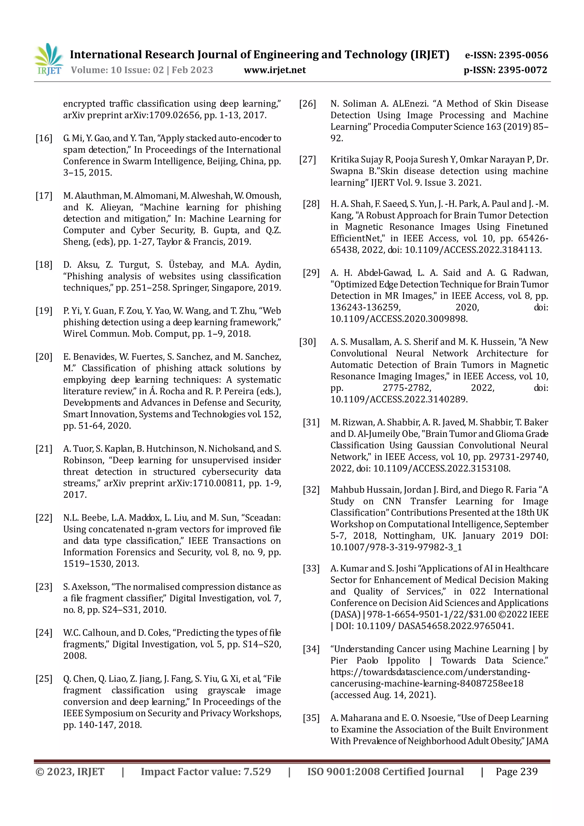 International Research Journal of Engineering and Technology (IRJET) e-ISSN: 2395-0056
Volume: 10 Issue: 02 | Feb 2023 www.irjet.net p-ISSN: 2395-0072
© 2023, IRJET | Impact Factor value: 7.529 | ISO 9001:2008 Certified Journal | Page 239
encrypted traffic classification using deep learning,”
arXiv preprint arXiv:1709.02656, pp. 1-13, 2017.
[16] G. Mi, Y. Gao, and Y. Tan, “Apply stackedauto-encoder to
spam detection,” In Proceedings of the International
Conference in Swarm Intelligence, Beijing, China, pp.
3–15, 2015.
[17] M. Alauthman,M.Almomani, M.Alweshah,W. Omoush,
and K. Alieyan, “Machine learning for phishing
detection and mitigation,” In: Machine Learning for
Computer and Cyber Security, B. Gupta, and Q.Z.
Sheng, (eds), pp. 1-27, Taylor & Francis, 2019.
[18] D. Aksu, Z. Turgut, S. Üstebay, and M.A. Aydin,
“Phishing analysis of websites using classification
techniques,” pp. 251–258. Springer, Singapore, 2019.
[19] P. Yi, Y. Guan, F. Zou, Y. Yao, W. Wang, and T. Zhu, “Web
phishing detection using a deep learning framework,”
Wirel. Commun. Mob. Comput, pp. 1–9, 2018.
[20] E. Benavides, W. Fuertes, S. Sanchez, and M. Sanchez,
M.” Classification of phishing attack solutions by
employing deep learning techniques: A systematic
literature review,” in Á. Rocha and R. P. Pereira (eds.),
Developments and Advances in Defense and Security,
Smart Innovation, Systems and Technologies vol. 152,
pp. 51-64, 2020.
[21] A. Tuor, S. Kaplan, B. Hutchinson, N. Nicholsand, and S.
Robinson, “Deep learning for unsupervised insider
threat detection in structured cybersecurity data
streams,” arXiv preprint arXiv:1710.00811, pp. 1-9,
2017.
[22] N.L. Beebe, L.A. Maddox, L. Liu, and M. Sun, “Sceadan:
Using concatenated n-gram vectors for improved file
and data type classification,” IEEE Transactions on
Information Forensics and Security, vol. 8, no. 9, pp.
1519–1530, 2013.
[23] S. Axelsson, “The normalised compression distance as
a file fragment classifier,” Digital Investigation, vol. 7,
no. 8, pp. S24–S31, 2010.
[24] W.C. Calhoun, and D. Coles, “Predicting the types of file
fragments,” Digital Investigation, vol. 5, pp. S14–S20,
2008.
[25] Q. Chen, Q. Liao, Z. Jiang, J. Fang, S. Yiu, G. Xi, et al, “File
fragment classification using grayscale image
conversion and deep learning,” In Proceedings of the
IEEE Symposium on Security and Privacy Workshops,
pp. 140-147, 2018.
[26] N. Soliman A. ALEnezi. “A Method of Skin Disease
Detection Using Image Processing and Machine
Learning” Procedia ComputerScience163(2019)85–
92.
[27] Kritika Sujay R, Pooja Suresh Y, Omkar Narayan P, Dr.
Swapna B.”Skin disease detection using machine
learning” IJERT Vol. 9. Issue 3. 2021.
[28] H. A. Shah, F. Saeed, S. Yun, J. -H. Park, A. Paul and J. -M.
Kang, "A Robust Approach for Brain Tumor Detection
in Magnetic Resonance Images Using Finetuned
EfficientNet," in IEEE Access, vol. 10, pp. 65426-
65438, 2022, doi: 10.1109/ACCESS.2022.3184113.
[29] A. H. Abdel-Gawad, L. A. Said and A. G. Radwan,
"Optimized EdgeDetectionTechniqueforBrainTumor
Detection in MR Images," in IEEE Access, vol. 8, pp.
136243-136259, 2020, doi:
10.1109/ACCESS.2020.3009898.
[30] A. S. Musallam, A. S. Sherif and M. K. Hussein, "A New
Convolutional Neural Network Architecture for
Automatic Detection of Brain Tumors in Magnetic
Resonance Imaging Images," in IEEE Access, vol. 10,
pp. 2775-2782, 2022, doi:
10.1109/ACCESS.2022.3140289.
[31] M. Rizwan, A. Shabbir, A. R. Javed, M. Shabbir, T. Baker
and D. Al-Jumeily Obe,"Brain TumorandGliomaGrade
Classification Using Gaussian Convolutional Neural
Network," in IEEE Access, vol. 10, pp. 29731-29740,
2022, doi: 10.1109/ACCESS.2022.3153108.
[32] Mahbub Hussain, Jordan J. Bird, and Diego R. Faria “A
Study on CNN Transfer Learning for Image
Classification”Contributions Presentedatthe18thUK
Workshop on Computational Intelligence, September
5-7, 2018, Nottingham, UK. January 2019 DOI:
10.1007/978-3-319-97982-3_1
[33] A. Kumar and S. Joshi “Applications of AI in Healthcare
Sector for Enhancement of Medical Decision Making
and Quality of Services,” in 022 International
Conference on Decision Aid SciencesandApplications
(DASA)|978-1-6654-9501-1/22/$31.00©2022IEEE
| DOI: 10.1109/ DASA54658.2022.9765041.
[34] “Understanding Cancer using Machine Learning | by
Pier Paolo Ippolito | Towards Data Science.”
https://towardsdatascience.com/understanding-
cancerusing-machine-learning-84087258ee18
(accessed Aug. 14, 2021).
[35] A. Maharana and E. O. Nsoesie, “Use of Deep Learning
to Examine the Association of the Built Environment
With PrevalenceofNeighborhoodAdultObesity,”JAMA
 