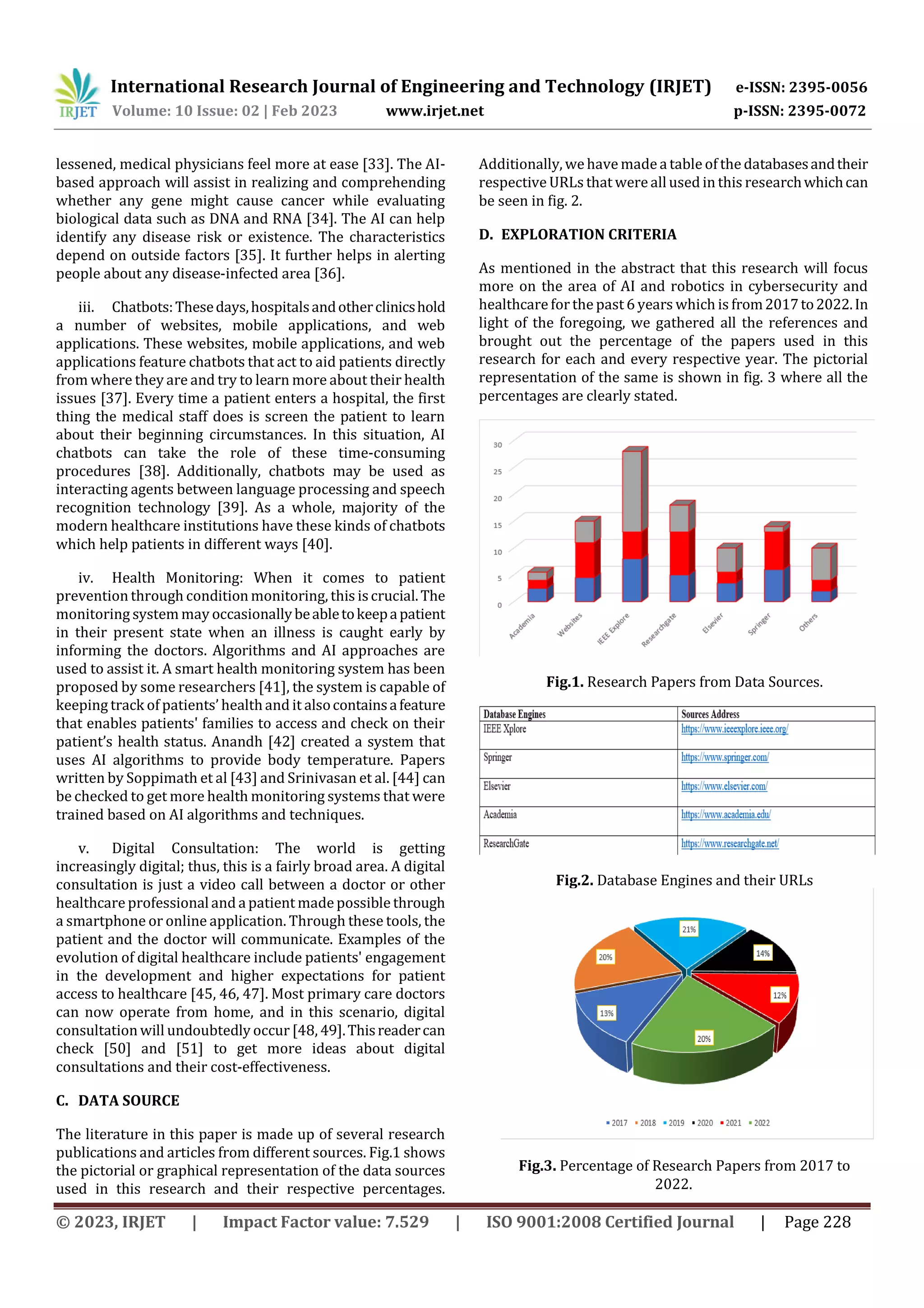 International Research Journal of Engineering and Technology (IRJET) e-ISSN: 2395-0056
Volume: 10 Issue: 02 | Feb 2023 www.irjet.net p-ISSN: 2395-0072
© 2023, IRJET | Impact Factor value: 7.529 | ISO 9001:2008 Certified Journal | Page 228
lessened, medical physicians feel more at ease [33]. The AI-
based approach will assist in realizing and comprehending
whether any gene might cause cancer while evaluating
biological data such as DNA and RNA [34]. The AI can help
identify any disease risk or existence. The characteristics
depend on outside factors [35]. It further helps in alerting
people about any disease-infected area [36].
iii. Chatbots:Thesedays,hospitalsandotherclinicshold
a number of websites, mobile applications, and web
applications. These websites, mobile applications, and web
applications feature chatbots that act to aid patients directly
from where they are and try to learn more about their health
issues [37]. Every time a patient enters a hospital, the first
thing the medical staff does is screen the patient to learn
about their beginning circumstances. In this situation, AI
chatbots can take the role of these time-consuming
procedures [38]. Additionally, chatbots may be used as
interacting agents between language processing and speech
recognition technology [39]. As a whole, majority of the
modern healthcare institutions have these kinds of chatbots
which help patients in different ways [40].
iv. Health Monitoring: When it comes to patient
prevention through condition monitoring, this iscrucial.The
monitoring system may occasionallybeabletokeepapatient
in their present state when an illness is caught early by
informing the doctors. Algorithms and AI approaches are
used to assist it. A smart health monitoring system has been
proposed by some researchers [41], the system is capable of
keeping track of patients’ healthand it alsocontainsafeature
that enables patients' families to access and check on their
patient’s health status. Anandh [42] created a system that
uses AI algorithms to provide body temperature. Papers
written by Soppimath et al [43] and Srinivasan et al. [44] can
be checked to get more health monitoring systems that were
trained based on AI algorithms and techniques.
v. Digital Consultation: The world is getting
increasingly digital; thus, this is a fairly broad area. A digital
consultation is just a video call between a doctor or other
healthcare professionaland a patient made possible through
a smartphone or online application. Through these tools, the
patient and the doctor will communicate. Examples of the
evolution of digital healthcare include patients' engagement
in the development and higher expectations for patient
access to healthcare [45, 46, 47]. Most primary care doctors
can now operate from home, and in this scenario, digital
consultation will undoubtedly occur [48, 49].Thisreadercan
check [50] and [51] to get more ideas about digital
consultations and their cost-effectiveness.
C. DATA SOURCE
The literature in this paper is made up of several research
publications and articles from different sources. Fig.1 shows
the pictorial or graphical representation of the data sources
used in this research and their respective percentages.
Additionally, wehave madea table of the databasesandtheir
respective URLs that were allused in this researchwhichcan
be seen in fig. 2.
D. EXPLORATION CRITERIA
As mentioned in the abstract that this research will focus
more on the area of AI and robotics in cybersecurity and
healthcare forthe past 6 years which is from2017to2022.In
light of the foregoing, we gathered all the references and
brought out the percentage of the papers used in this
research for each and every respective year. The pictorial
representation of the same is shown in fig. 3 where all the
percentages are clearly stated.
Fig.1. Research Papers from Data Sources.
Fig.2. Database Engines and their URLs
Fig.3. Percentage of Research Papers from 2017 to
2022.
 