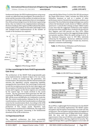 International Research Journal of Engineering and Technology (IRJET) e-ISSN: 2395-0056
Volume: 10 Issue: 02 | Feb 2023 www.irjet.net p-ISSN: 2395-0072
© 2023, IRJET | Impact Factor value: 7.529 | ISO 9001:2008 Certified Journal | Page 399
fundamental design, the FPGA implementations using many
rounds are addressed and investigated. The production of -
terms and the execution of the number ofroundsarethetwo
main parts of the design optimization that are investigated.
One of the primary design issues for theformeris generating
terms, thus we looked at two implementation techniques:
the linear feedback shift register(LFSR)method[34]and the
lookup-table (LUT) method. Forthelatter,bothsingle-round
and multiple-round implementations of the number of
rounds in the hardware are explored.
Figure 2: FPGA Design HIGHT
3.1 One rounddesignforbasicFieldProgrammable
Gate Array
The architecture of the HIGHT Field programmable gate
array implementation is depicts in figure 2 for one round,
which is consist of control logic, key generation, and
transformation.Theinteractionwiththe external systemand
executes the algorithm's activity sequencing capability
managed by the control block. The control logic isinstructed
to start the encryption process by the start input signal, and
the encryption is finished by the done outputsignal.Thekey,
round, and X-register are the three registers are controlled
by the control logic. 32 rounds involved in the round
counter. The key generation block generates the WK and
ensuing SK. The MK bytes are primarilyusedtoconstruct the
WK, and the terms and MK bytes are combined to create the
SKs. The initial transformation, followed by the 32 round
transformations, and the final transformationareall putinto
action by the transformation block. According to the LFSR
implementation approach, each round should result in the
production of four unique words. Therefore, each
transformation round has four LFSR blocks. The usage of FF
is often large and power consuming, is the fundamental
drawback of the LFSR architecture.
3.2 Experimental Result
The suggested architecture has been successfully
synthesized and implemented in Xilinx ISE DesignSuite14.7
using with the Xilinx Virtex-5 xc5vlx110t-1ff1136serving as
the target FPGA device. Table I includes the FPGA Device
Utilization Summary as well as a number of other
performance metrics. Resultsfromsimulation,synthesis, are
presented. The Area Reductiondesigntechnique wasusedto
achieve the benchmark results shown in TABLE I, with the
speed set to -1 and all other settings arekept.TABLEImakes
it very clear that the suggested architecture only employs
0.45 percent of the available Slice, of which 0.36 percent are
Slice Register and 0.40 percent are Slice LUTs. When
evaluated in various scenarios,thesuggesteddesignexhibits
even greater qualities. When the speed setting is set to -2,
the maximum frequency soars to 459 MHz, indirectly
enhancing the throughput. Numerous additional metrics
have been noticed. The reporting of results has, however,
adopted a consistent methodology.
Table -1: FPGA Device Utilization and Performance
Summary.
Table -2: ON CHIP Power Summary
4. CONCLUSIONS
On an FPGA, a Lightweight VLSI Architecture for the HIGHT
Cipher was successfully implemented. The HIGHT cypher
encryption and decryption functionality was built into the
architecture. The encryption and decryption throughput of
the FPGA implementationwas25Mbpswith0.64mslatency.
Both the area and the performance both exhibit
improvement. A key size of 128 bits is also supported by the
FPGA implementation, offering a high level of security. The
suggested design offers a good throughput or area trade-off
 